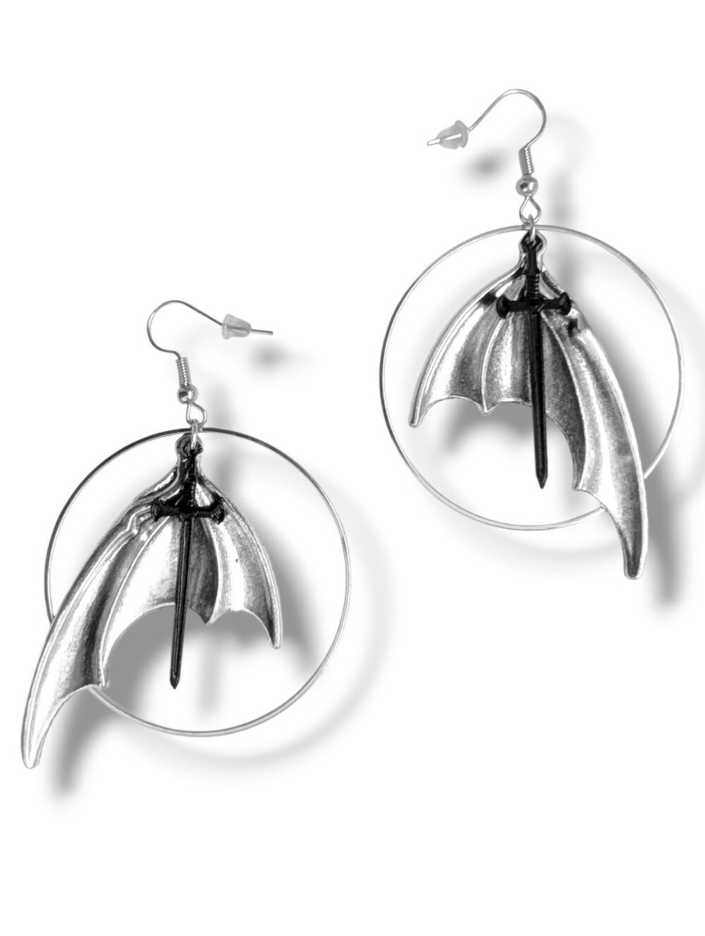 NWT Handmade Large Silver Bat Wing Black Sword and Hoop Layered Earrings